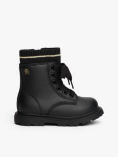Knit Cuff Cleat Ankle Boots — Black 1