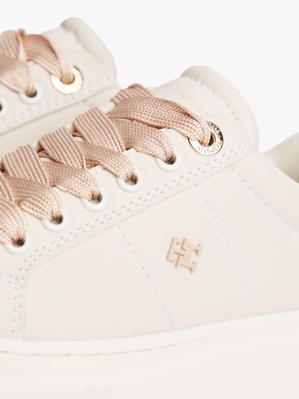 TH Monogram Metallic Heel Platform Trainers — Beige