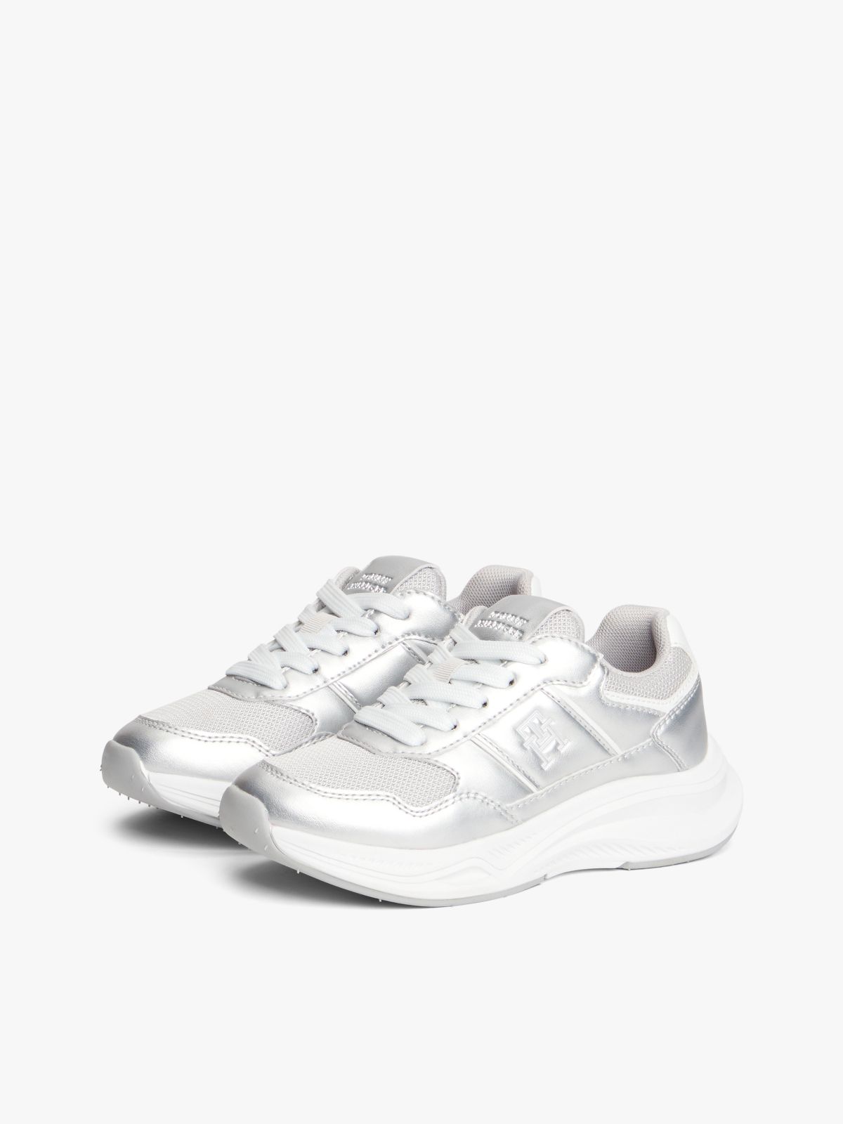 TH Monogram Metallic Chunky Trainers — Silver