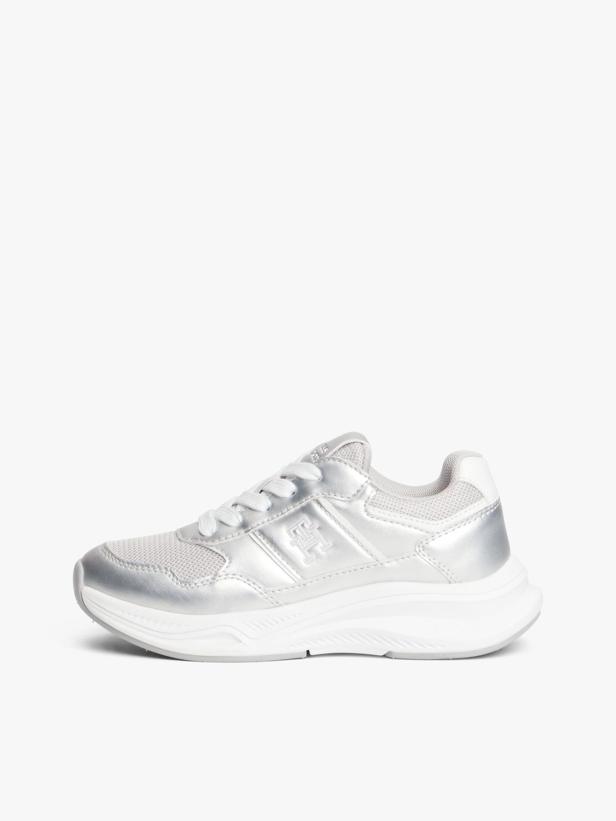 TH Monogram Metallic Chunky Trainers — Silver