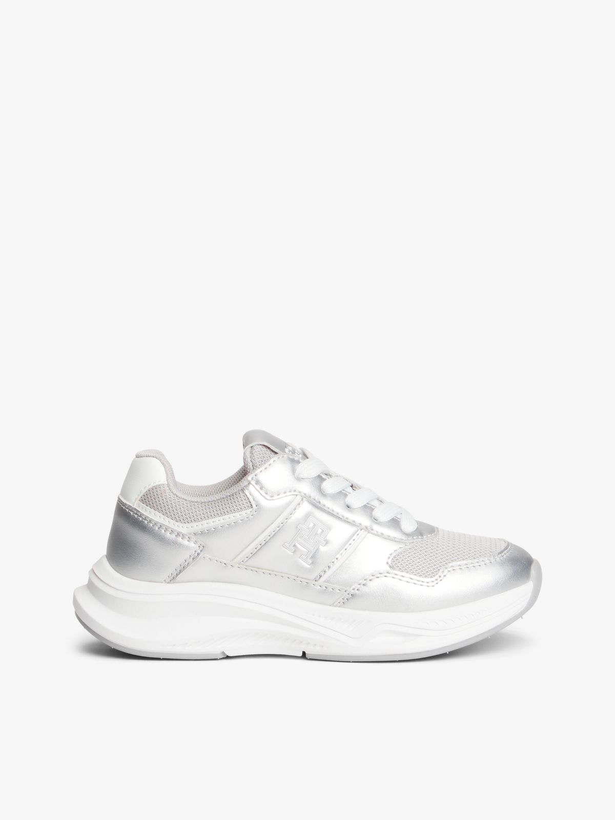 TH Monogram Metallic Chunky Trainers — Silver