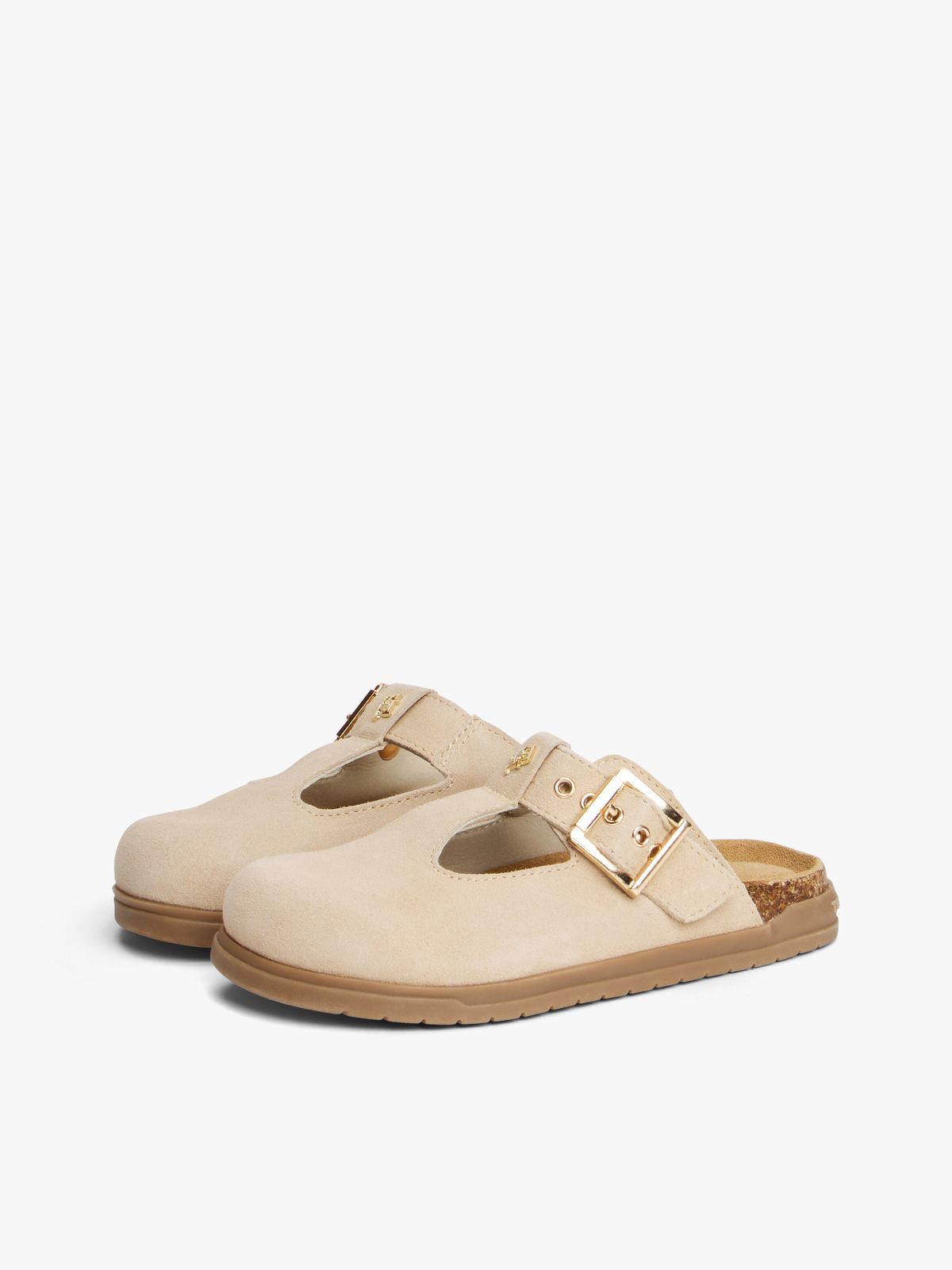 Suede TH Monogram T-Bar Mules — Beige