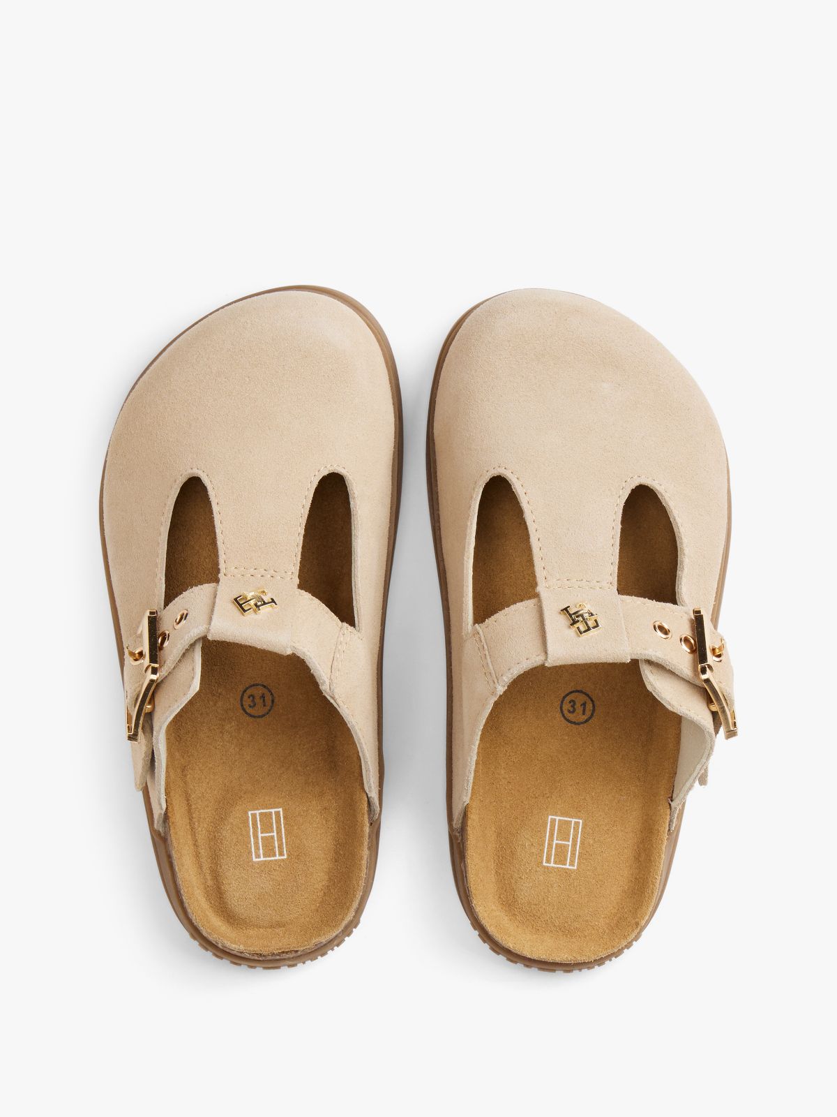 Suede TH Monogram T-Bar Mules — Beige