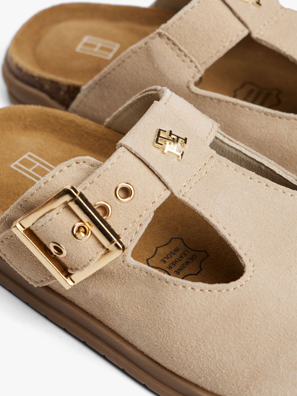 Suede TH Monogram T-Bar Mules — Beige