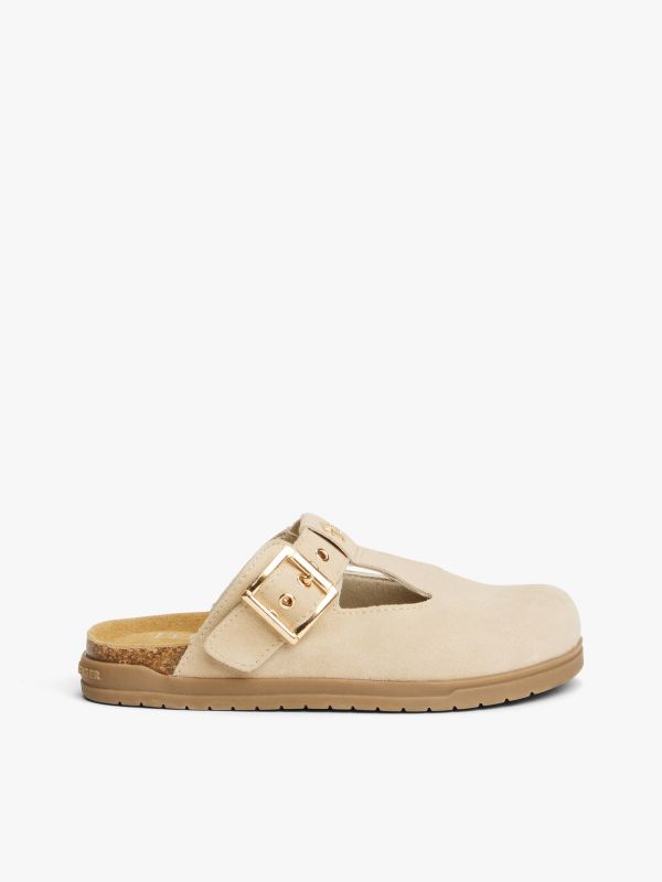 Suede TH Monogram T-Bar Mules — Beige