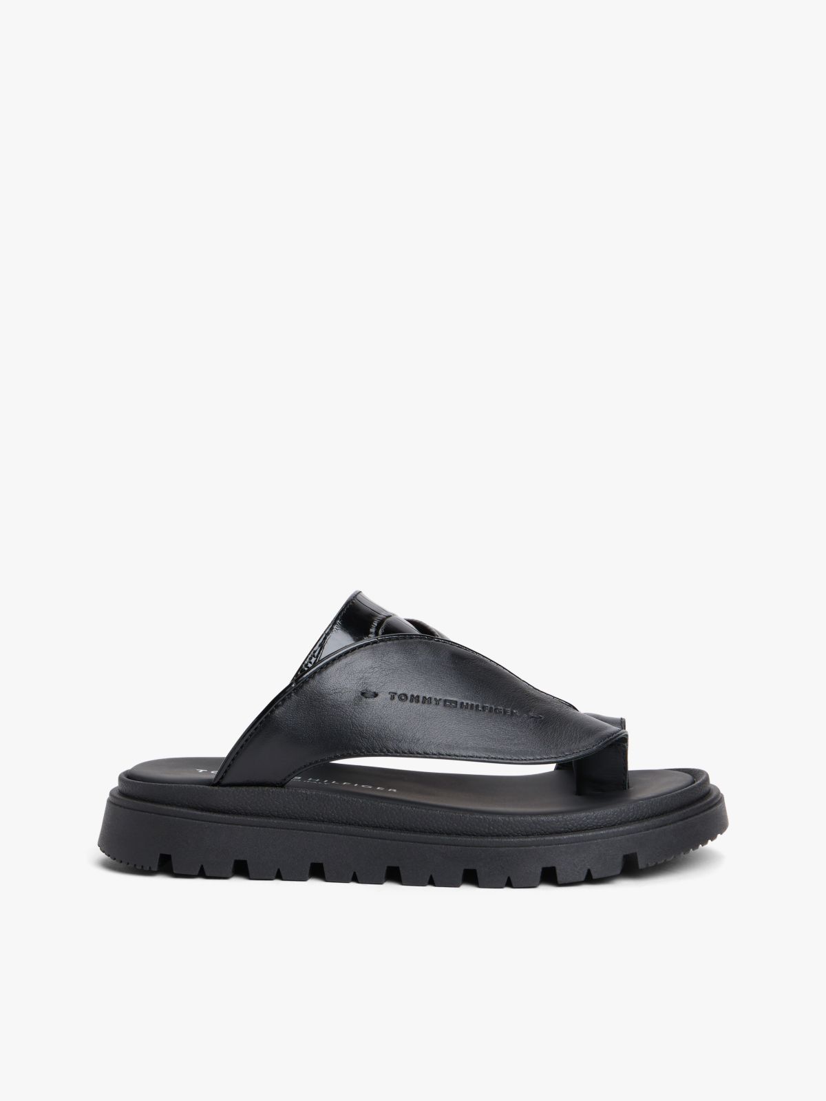 Embossed Leather Toe Post Cleat Sandals — Black