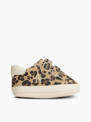beige sneaker mit klettverschluss und leoparden-print für mädchen - tommy hilfiger