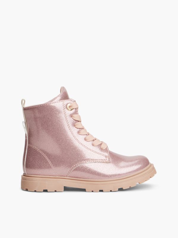 Patent Cleat Lace-Up Boots — Pink