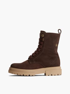 brown suede th monogram cleat lace-up boots for girls tommy hilfiger