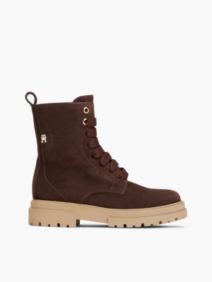 brown suede th monogram cleat lace-up boots for girls tommy hilfiger