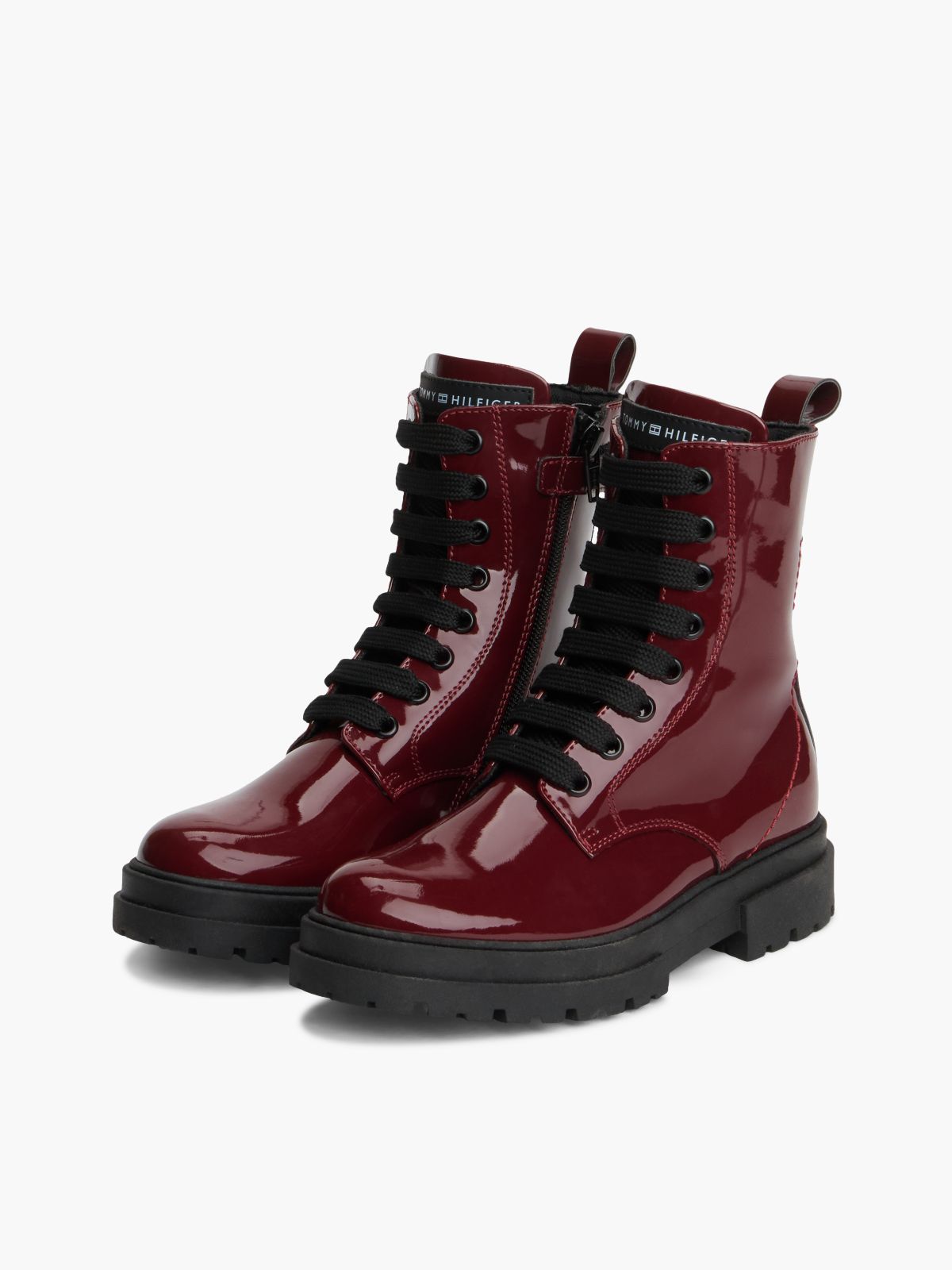 Patent Cleat Lace-Up Boots — Red