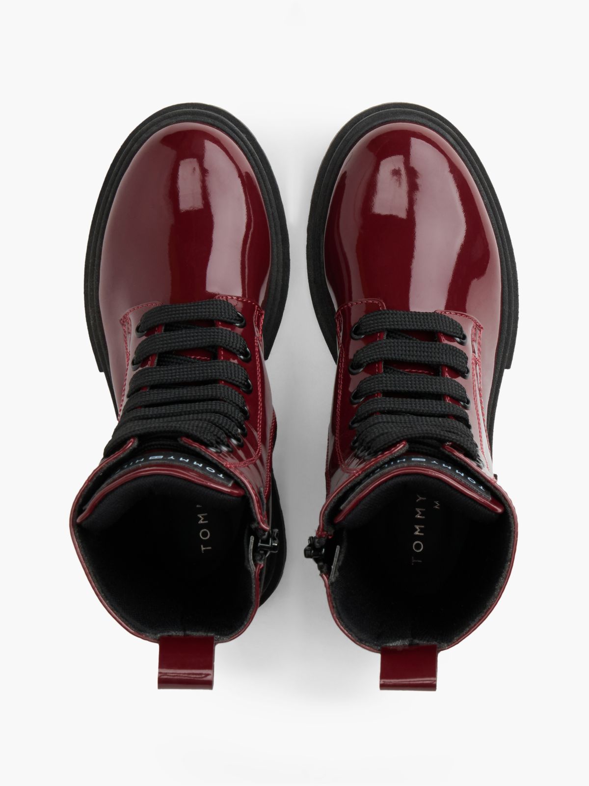 Patent Cleat Lace-Up Boots — Red