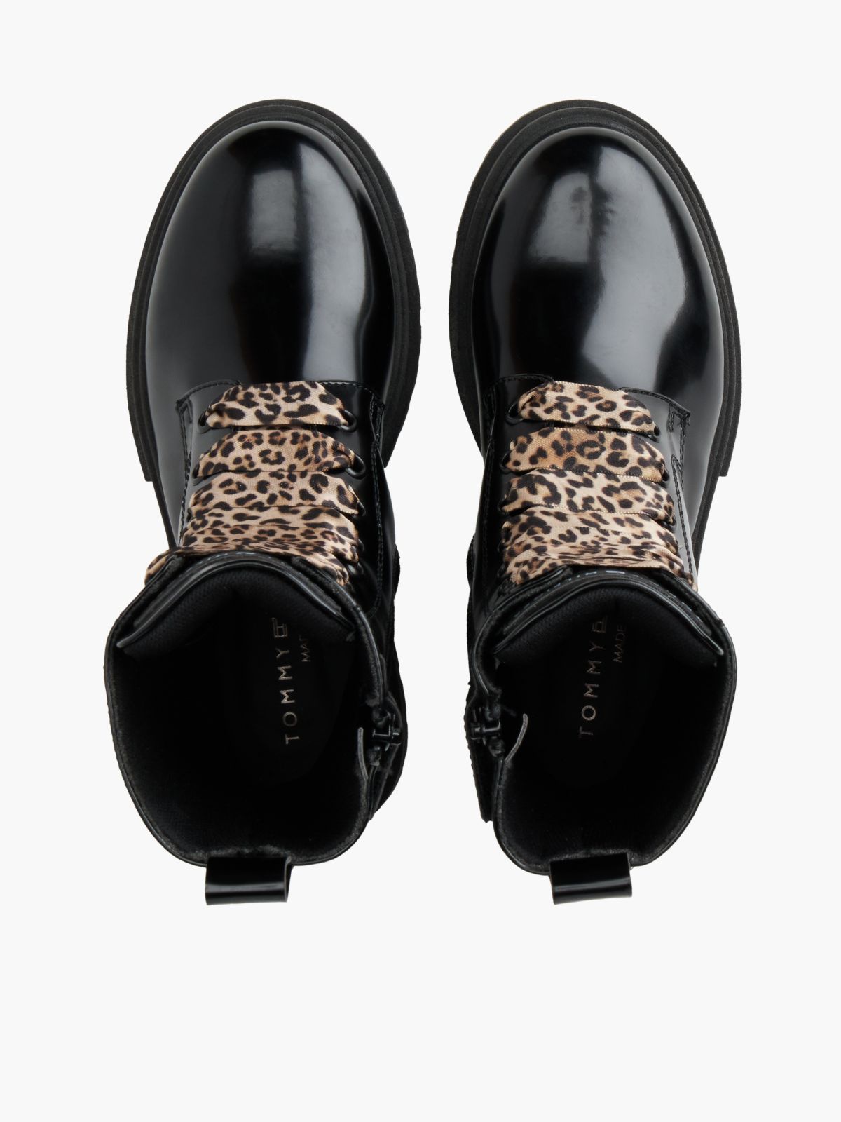 Brushed Leopard Laces Cleat Lace-Up Boots — Black
