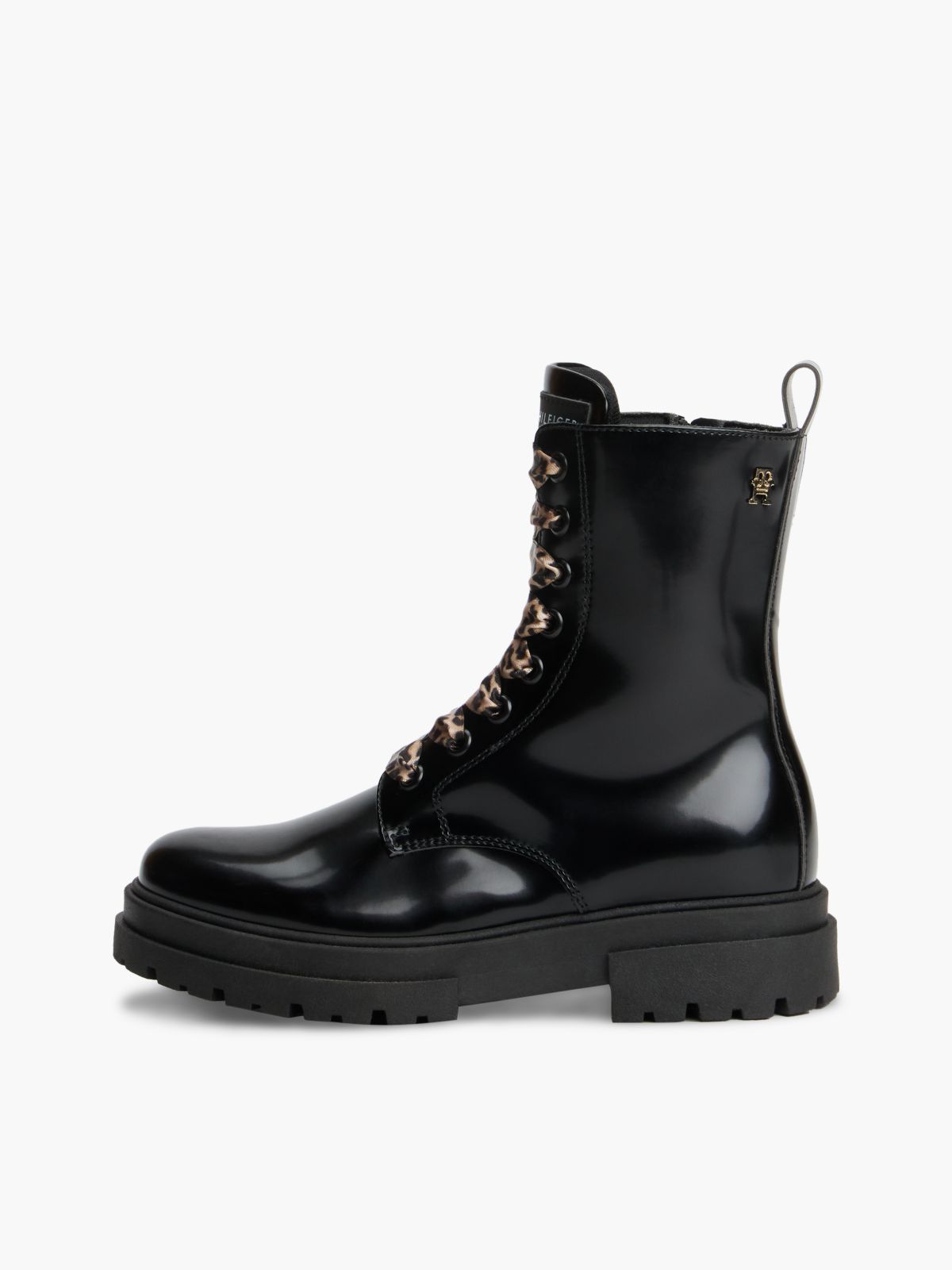 Brushed Leopard Laces Cleat Lace-Up Boots — Black