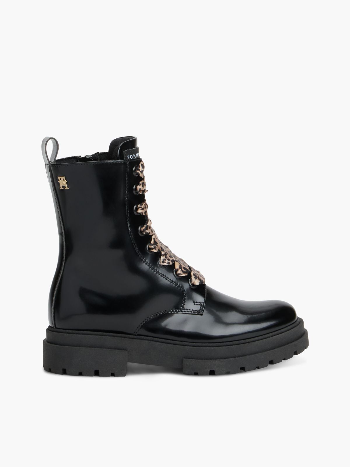 Brushed Leopard Laces Cleat Lace-Up Boots — Black