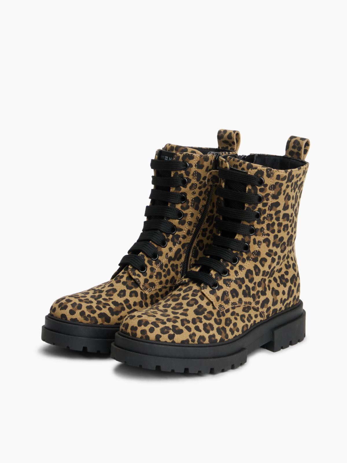Leopard Print Cleat Lace-Up Boots — Beige