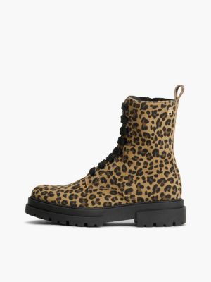 beige leopard print cleat lace-up boots for girls tommy hilfiger