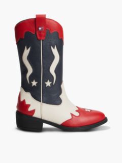 Leather Topstitch Flag Cowboy Boots — Red 1