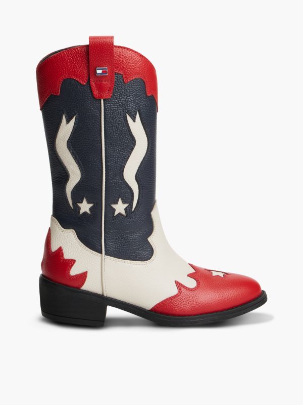 Leather Topstitch Flag Cowboy Boots — Red