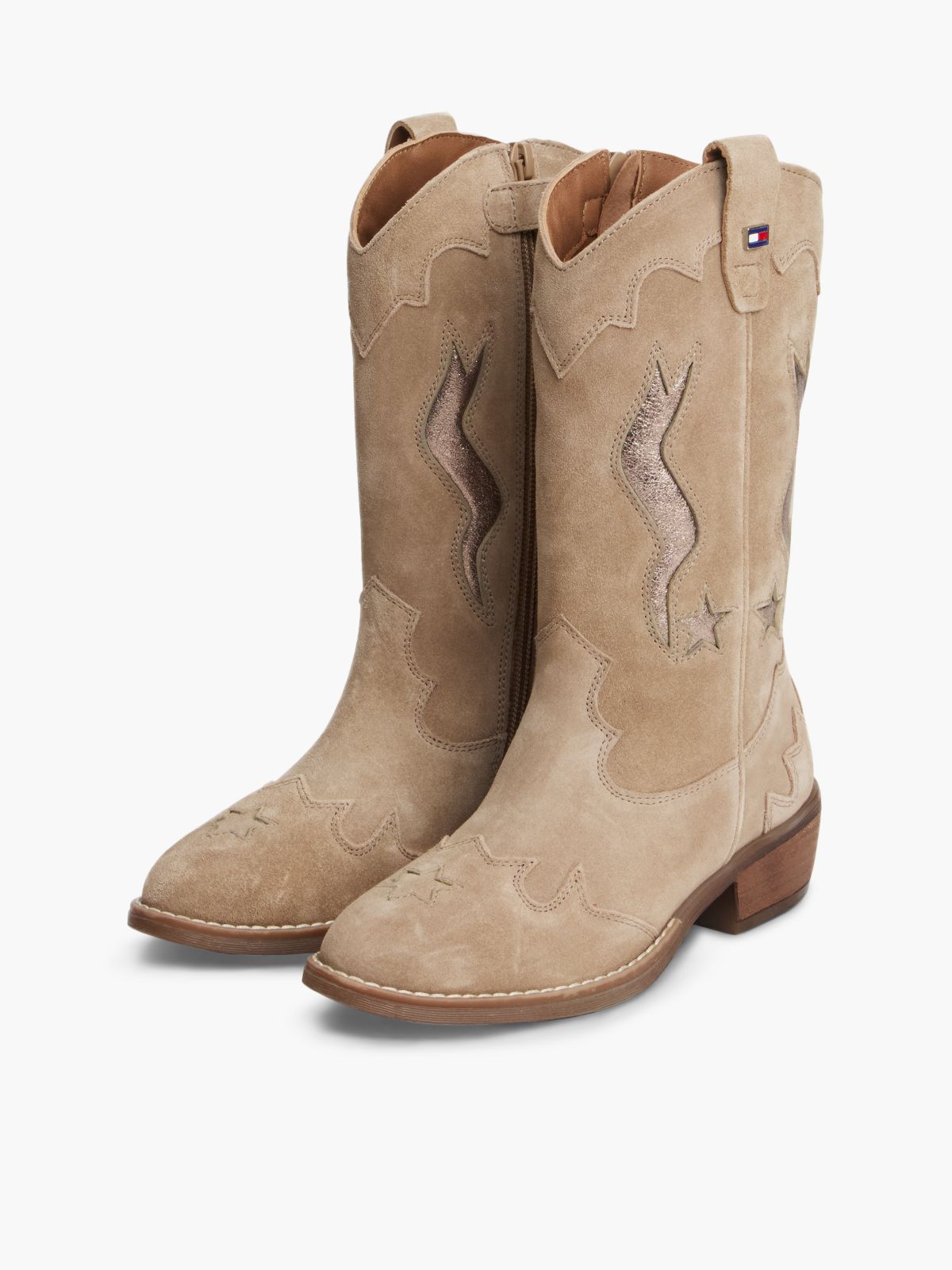 Suede Topstitch Flag Metallic Cowboy Boots — Brown