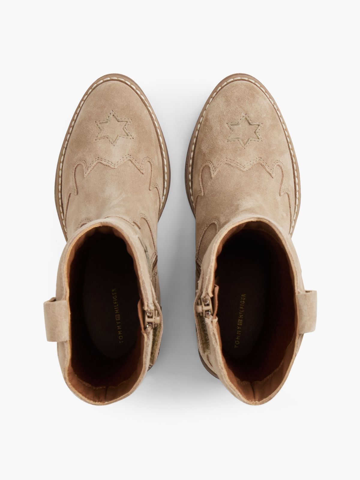 Suede Topstitch Flag Metallic Cowboy Boots — Brown
