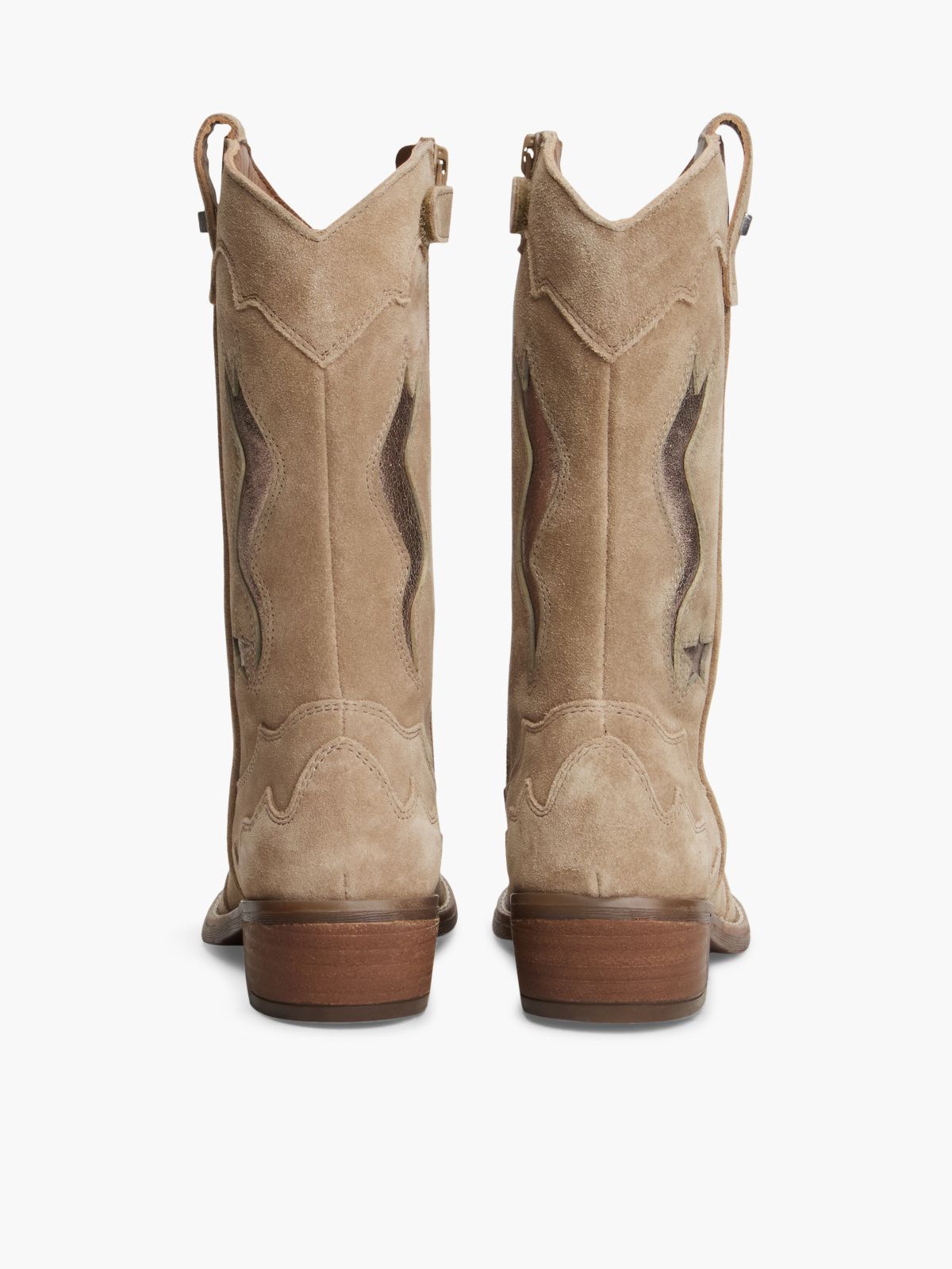 Suede Topstitch Flag Metallic Cowboy Boots — Brown