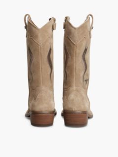 Suede Topstitch Flag Metallic Cowboy Boots — Brown 4