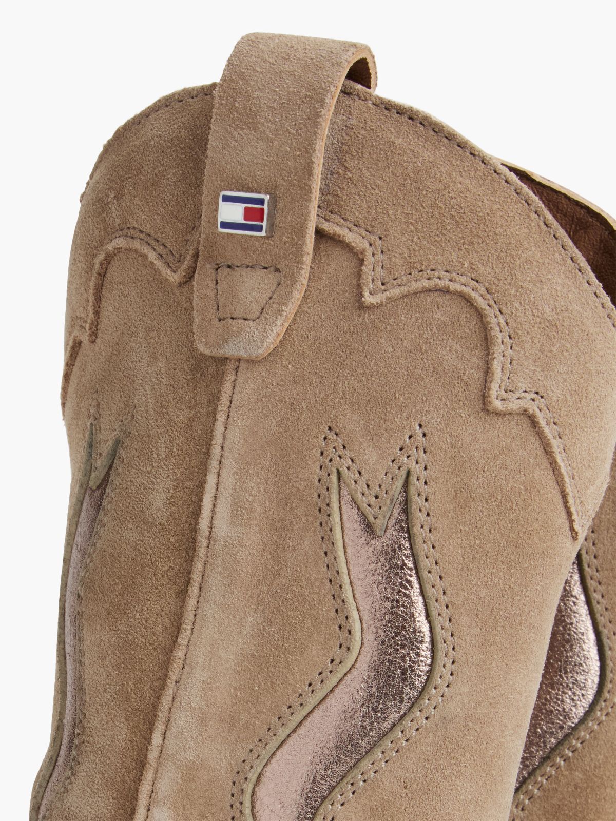 Suede Topstitch Flag Metallic Cowboy Boots — Brown