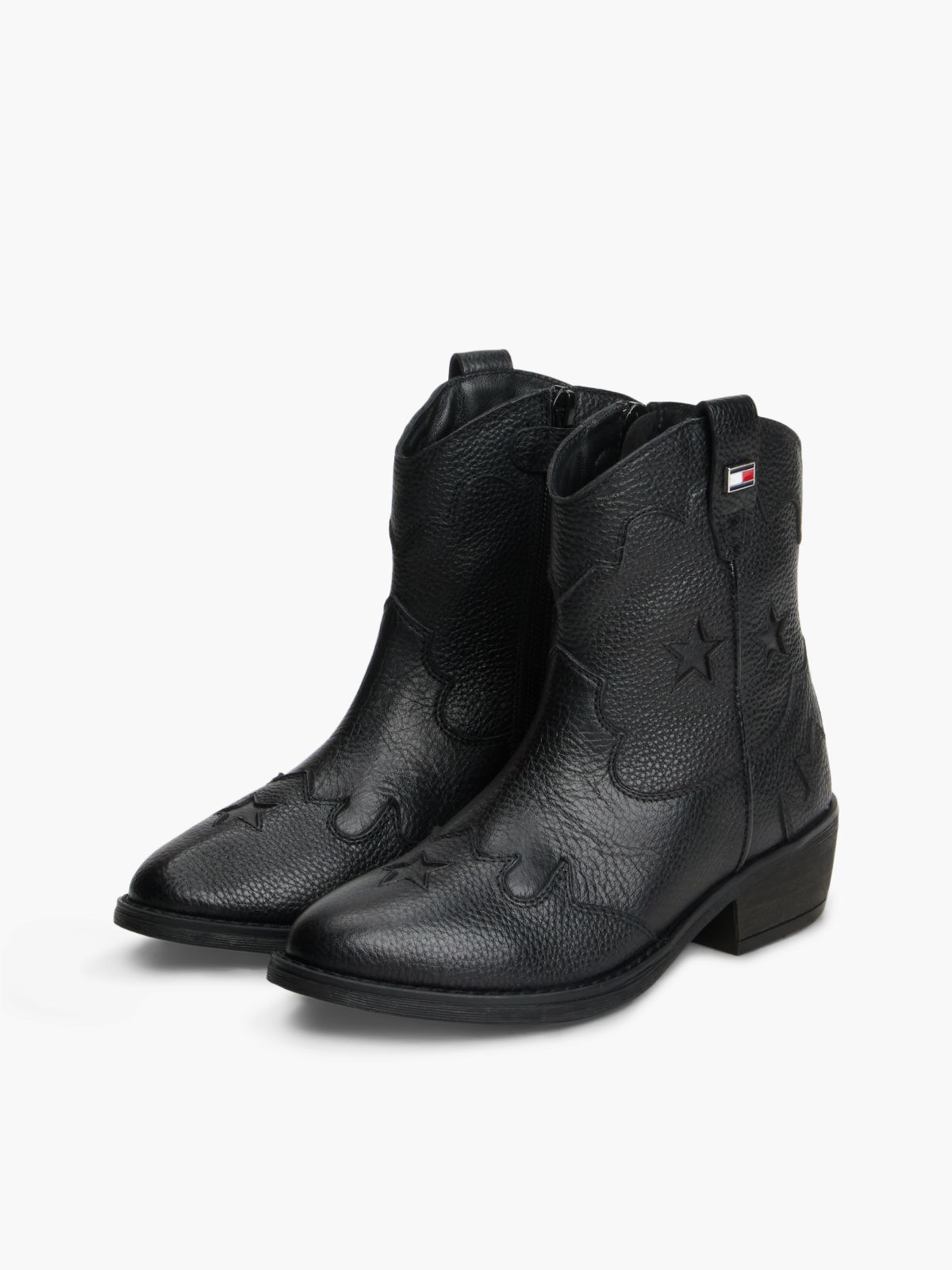 Leather Topstitch Flag Western Boots — Black