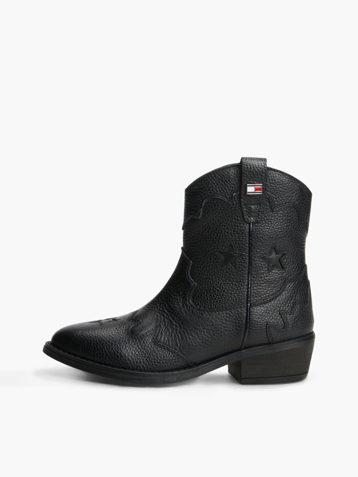 Leather Topstitch Flag Western Boots — Black