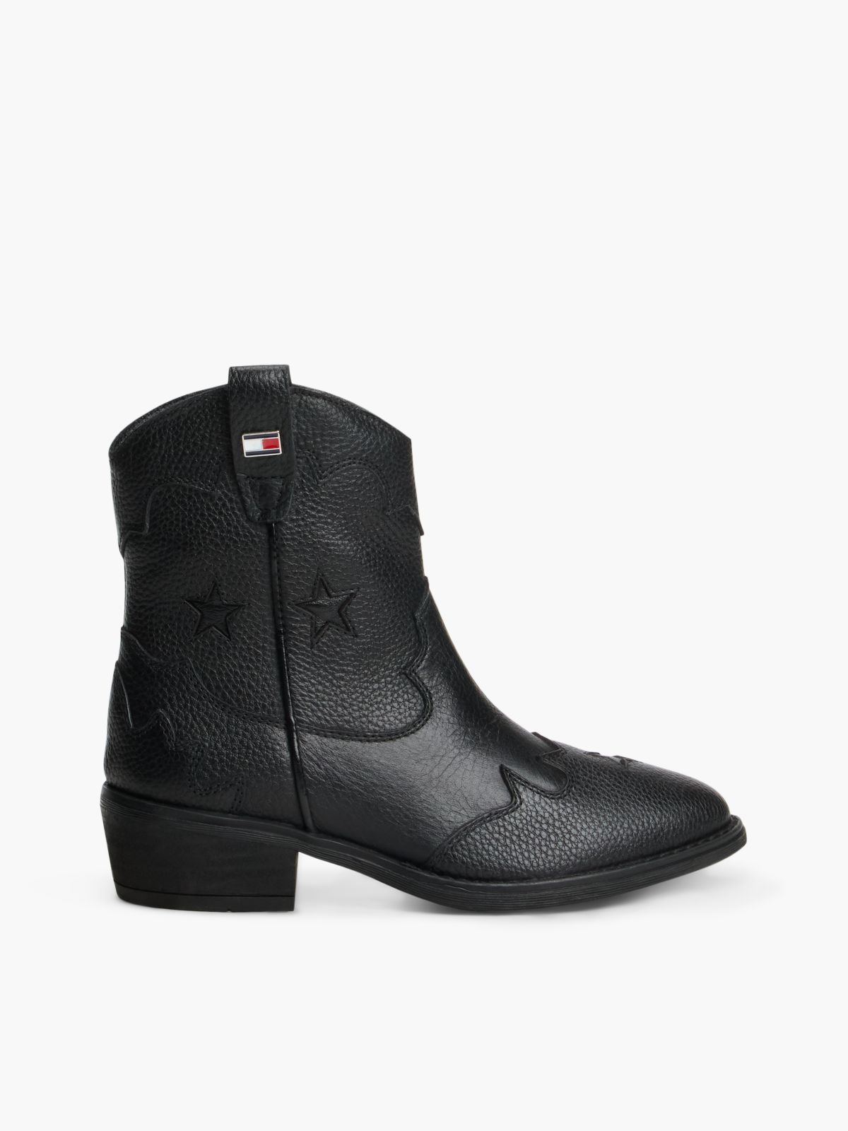Leather Topstitch Flag Western Boots — Black