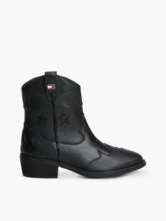 Leather Topstitch Flag Western Boots — Black 1