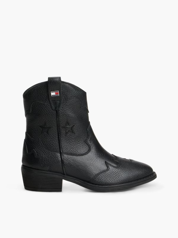 Leather Topstitch Flag Western Boots — Black