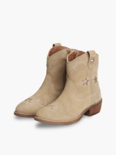Suede Topstitch Flag Western Boots — Brown 2