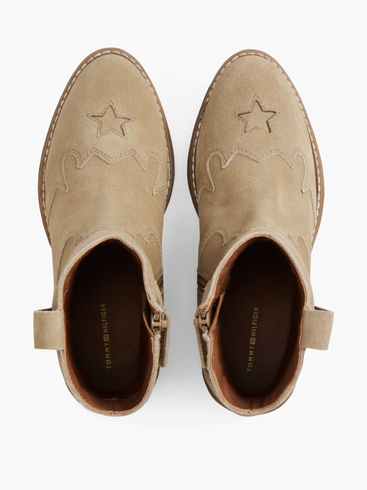 Suede Topstitch Flag Western Boots — Brown