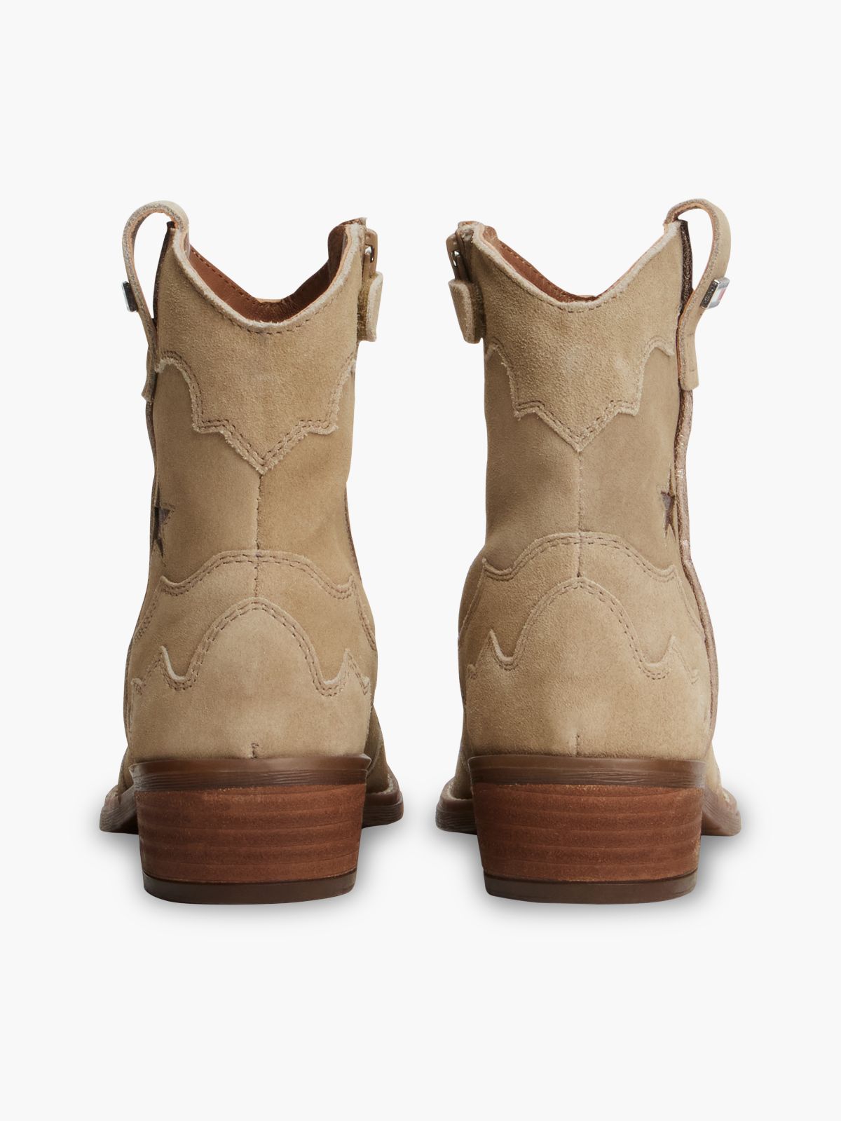Suede Topstitch Flag Western Boots — Brown