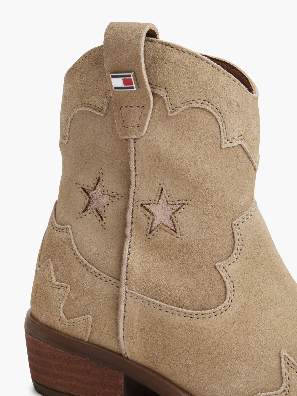 Suede Topstitch Flag Western Boots — Brown
