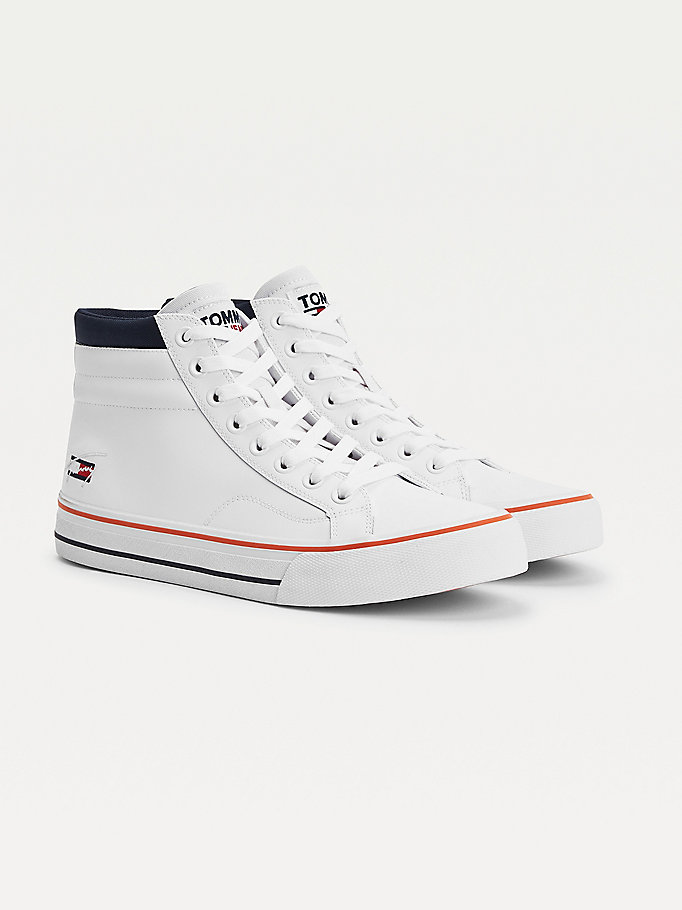 white lace-up high-top leather trainers for men tommy jeans