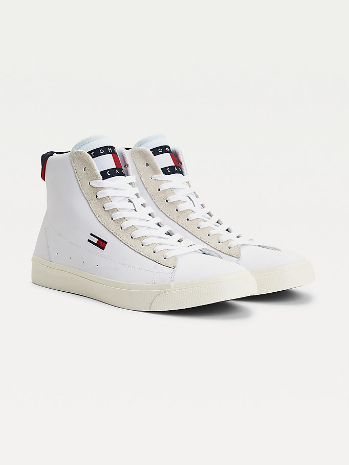 white tommy badge high-top leather trainers for men tommy jeans