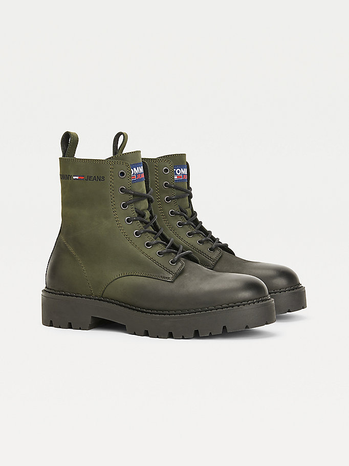 green distressed cleat lace-up boots for men tommy jeans