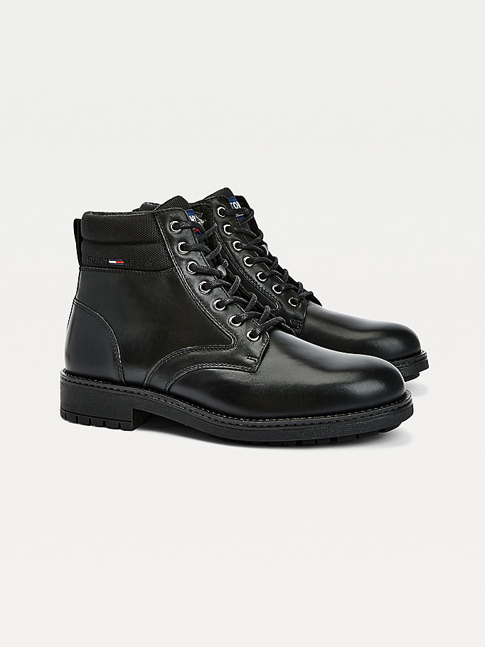 black leather cleat lace-up boots for men tommy jeans