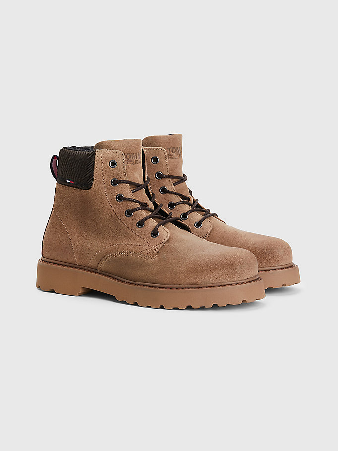 brown suede lace up cleat boots for men tommy jeans