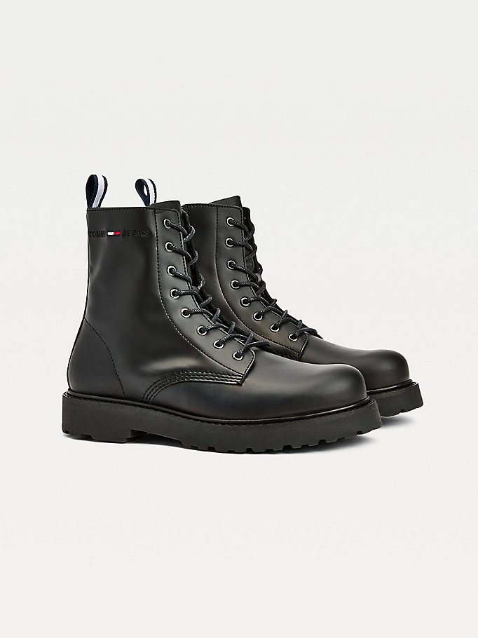 black leather zip closure cleat boots for men tommy jeans