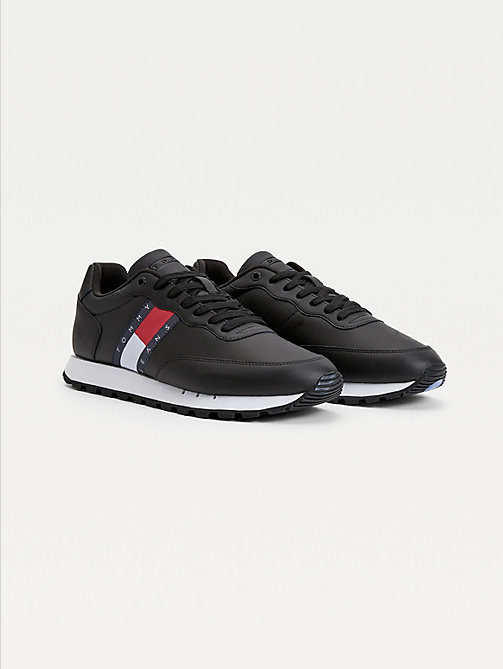 black leather mix webbing logo trainers for men tommy jeans