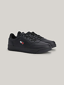 black retro essential badge cupsole trainers for men tommy jeans