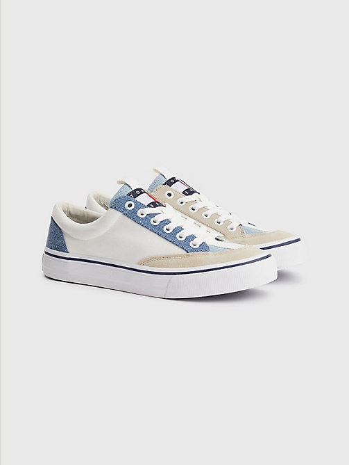 white denim patchwork trainers for men tommy jeans