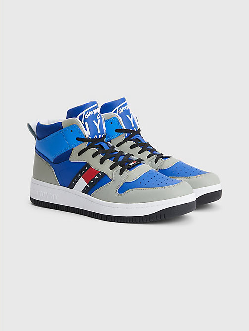 blue leather high-top basketball trainers for men tommy jeans