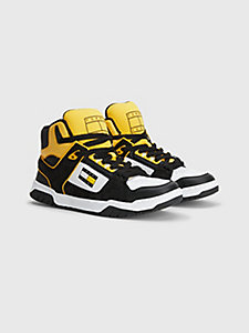 yellow colour-blocked mid-top skater trainers for men tommy jeans