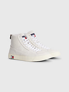 white leather mid-top trainers for men tommy jeans