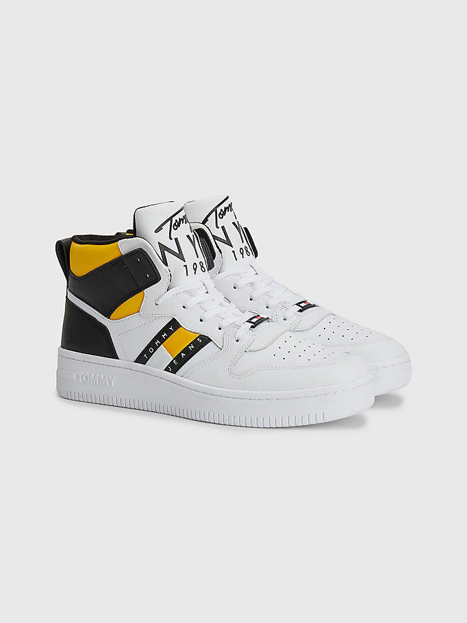 white retro basketball mid-top leather trainers for men tommy jeans